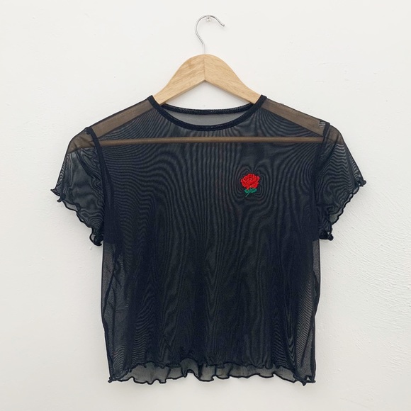 SOLD 90s Black Sheer Rose Crop Top - Picture 6 of 6